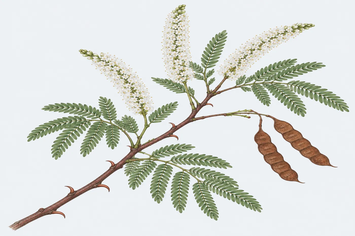 Botanische tekening van een bloeiende tak van Mimosa tenuiflora met witte aren en gelede peulen